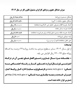 جدول حقوق و دستمزد ۱۴۰۳ حداقل حقوق و مزایای وزارت کار ..
